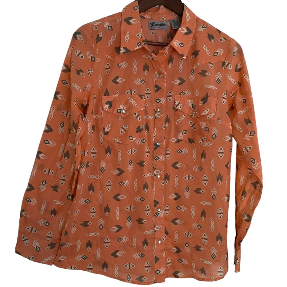 Wrangler Pearl Snap Western Shirt M Orange Southwestern Tribal Print Wrancher
